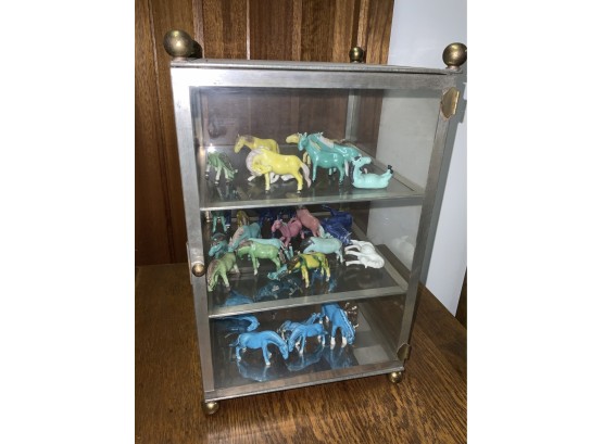 Collection Of Porcelain Horses And An Antique Metal And Brass Display Case