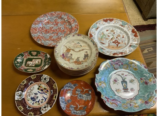14 Piece Transfer-ware Ironstone Including A Set Of 8 Oriental Themed Plates