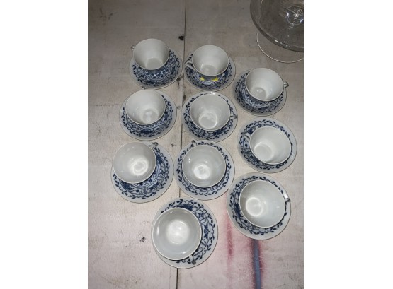 Set Of 10 Blue And White Fine China Demitasse Cups And Saucers
