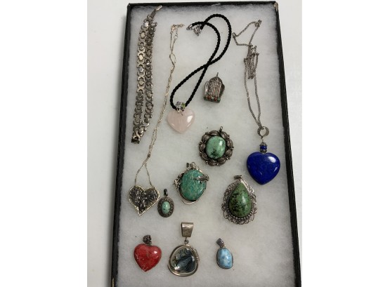 12 Sterling Silver Pendants Or Necklaces With Gemstones. 9.2 Ozt