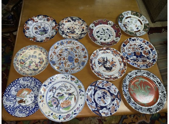 12 Assorted Ironstone Transfer-ware Plates And Bowls
