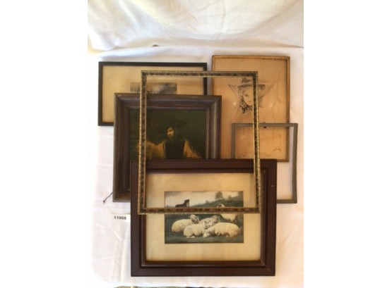 6 Piece Antique Frame Lot With Assorted Prints