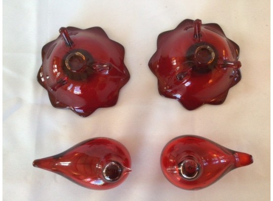 Pair Of Red Glass Doves And A Pair Of Vintage Candleholders