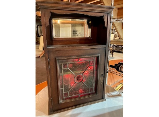 Mirrored Oak Wall Cabinet With Stained Glass