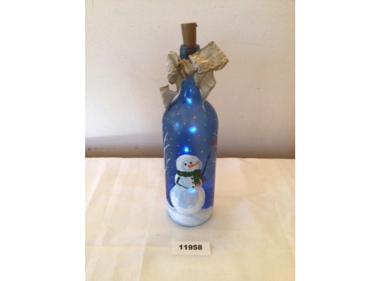 Frosty Snowman Painted Wine Bottle With Lights