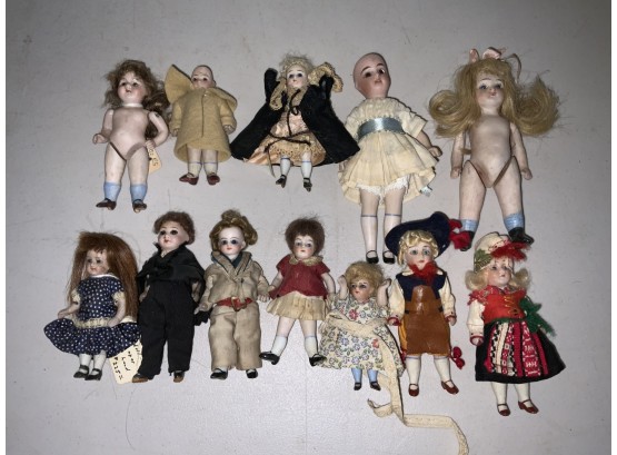 12 Antique Porcelain German Jointed Mini Dolls With Glass Eyes
