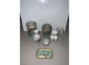7 Pieces Of Oriental Items Porcelain And Metal Some Signed