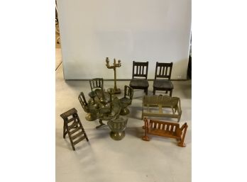 Assorted Cast Iron And Brass Doll House Furniture Including A Pair Of Arcade Chairs