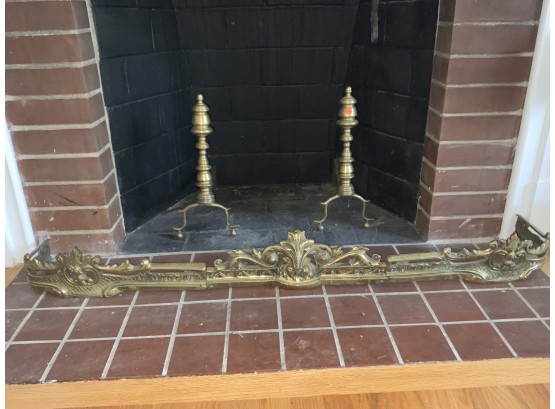 Pair Of Antique Brass Andirons And Brass Fire Place Fender