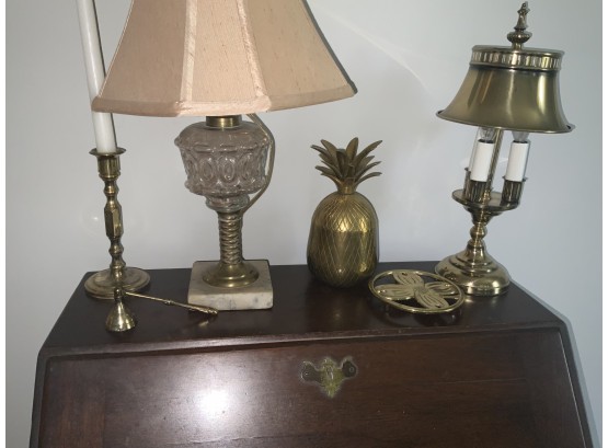 Brass Lot Including And Antique Converted Oil Lamp