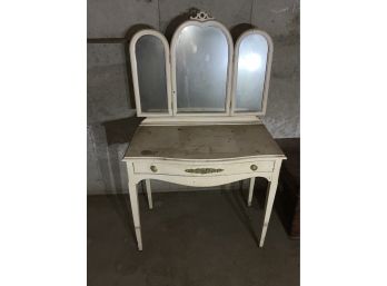 White Vanity With 1 Drawer And A Tri Fold Mirror