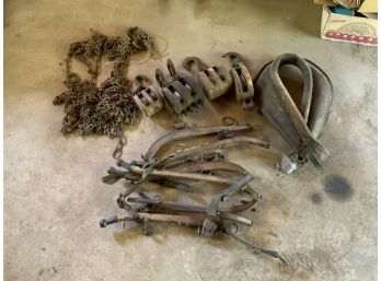 Collection Of Antique And Vintage Pulleys, Horse Hane And Collar, Heavy Duty Truck Chains
