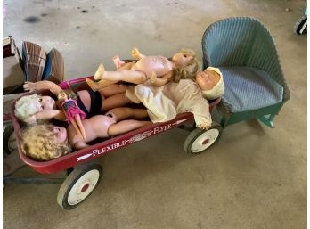 Flexible Flyer Wagon With 6 Vintage Dolls And A Youth Rocking Chair