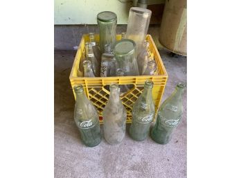 Crate Of Assorted Vintage Glass Bottles