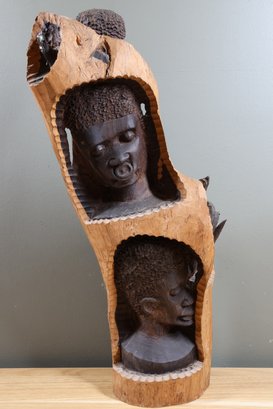Wood Carved African And Snake Sculpture