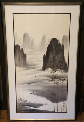 Vintage Chinese Landscape Watercolor Ink Painting And Calligraphy Signed Framed
