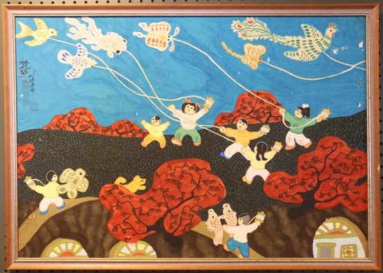 Chinese Folk Art Painting Children Flying Kites Signed