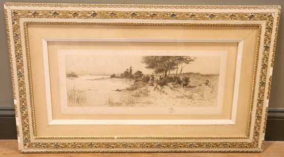 Antique 1890 Framed James Fagan Etching Print Beach Scene With Sheep