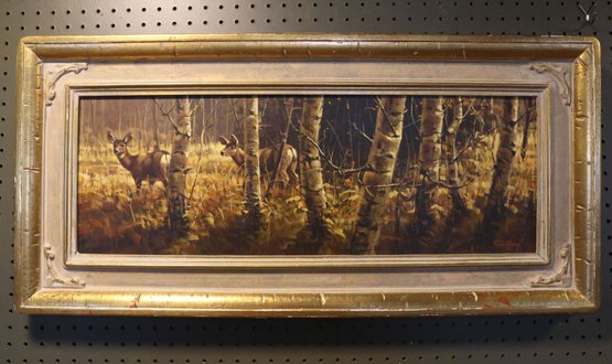 Vintage Paco Young Landscape Oil Painting White-tailed Does Deer Woods Woodlands Birch Trees