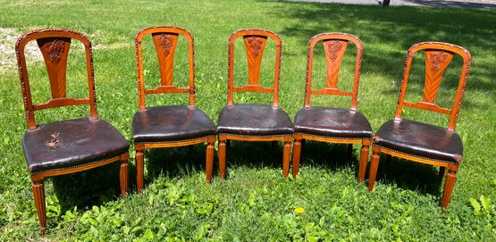 5 Antique Art Nouveau Dining Chairs With Tooled Leather Seats