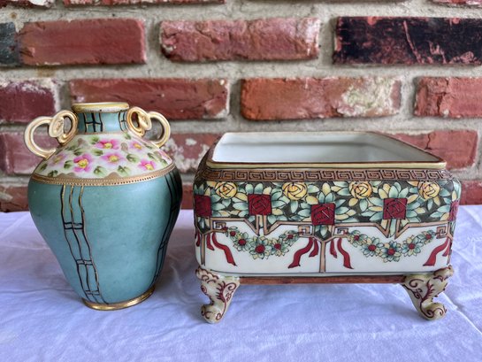 Lot 2  Antique Nippon Hand Painted Vase And Footed Dish