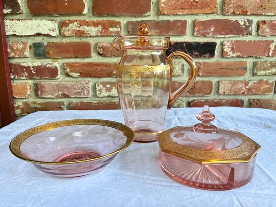 Pink Depression Glass Etched Gold Lot