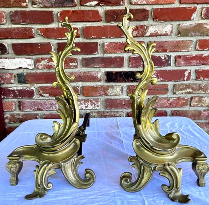 Antique French Brass And Iron Fireplace Chenets Adirons