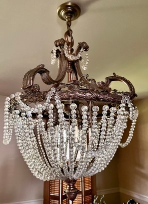 Antique French Gold Gilt Crystal  Basket Chandelier Ornate