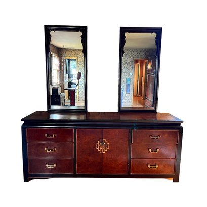 1970s Chin Hua Black & Burl Wood Dresser By  Raymond K. Sobota For Century Furniture Two Mirror