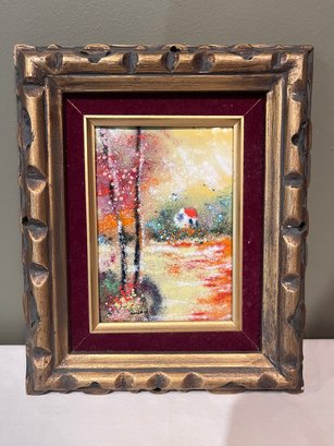 Vintage Original Enamel Art Painting Wooden And Red Velvet Frame