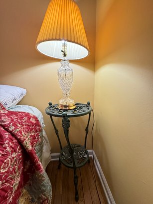GLASS LAMP WITH SHADE AND BEDSIDE TABLE