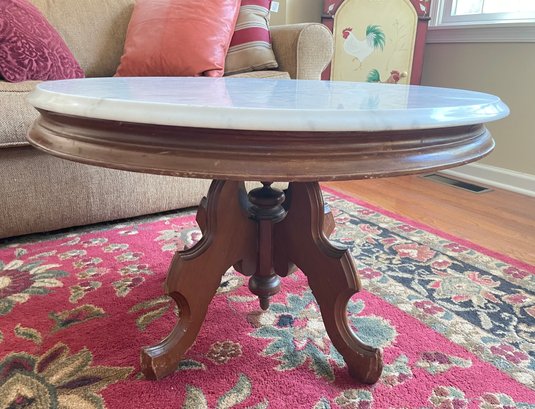 ANTIQUE WOODEN MAHOGANY MARBLE TOP COFFEE TABLE