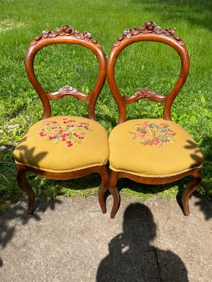 Pair Of Antique Victorian Carved Wood Needlepoint Chairs