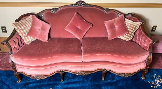 Victorian Pink Velvet And Carved Wood Sofa