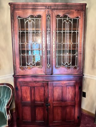 Vintage Two Part Leaded Glass Hutch Cabinet