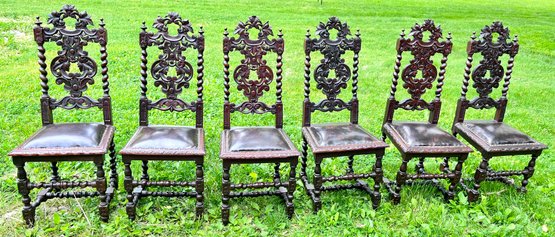 SIX ANTIQUE GOTHIC FRENCH RENAISSANCE REVIVAL OAK BARLEY TWISTED DINING CHAIRS WITH LEATHER SEATS