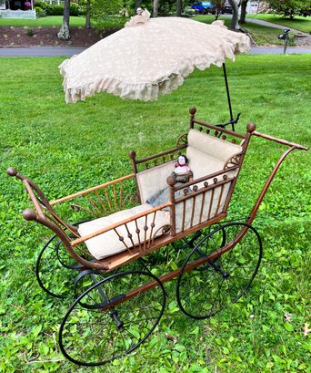 Antique Large Victorian Baby Stroller Pram Wicker With Antique Porcelain Doll