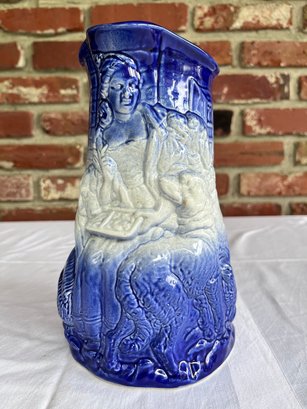 1950s Burleigh Ironstone Ceramic Drink Pitcher In Ombr Indigo Blue And White Glaze With Depiction Of Woman Wi
