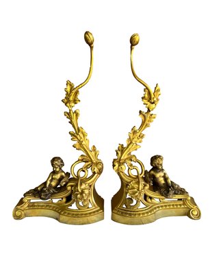 Pair Of Louis XV Style French Ormolu Figural Chenets Cherubs