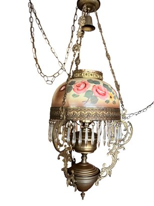 Antique Hand Painted Shade Victorian Brass Handling Lamp Electrified Former Oil Lamp