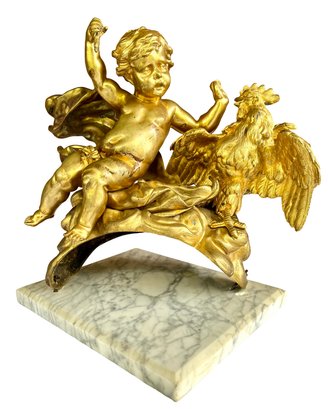 Antique French Gilded Bronze On Marble Base Ormolu Cherub Fighting Rooster Sculpture