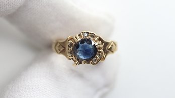 14K YELLOW GOLD RING 3 LEAF CLOVER SAPPHIRE WITH DIAMOND ACCENTS 2.17 GRAMS GEMSTONE JEWELRY