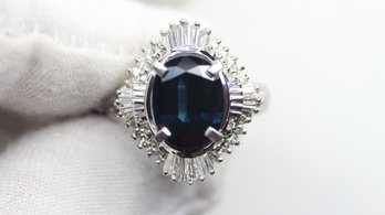 NATURAL SAPPHIRE RING SET IN SOLID PT900 PLATINUM WITH DIAMOND HALO 3.50CTW, 8.76 GRAMS, SIZE 6 DIAMONDS