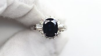 NATURAL SAPPHIRE RING SET IN SOLID PT900 PLATINUM WITH DIAMOND HALO 2.98CTW, 8.76 GRAMS, SIZE 6 DIAMONDS