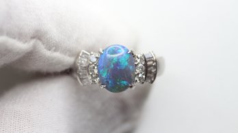 BLACK OPAL RING WITH DIAMOND ACCENTS SOLID PLATINUM 1.83CTW, 5.3 GRAMS, SIZE 5.25 LUXURY JEWELRY DIAMONDS