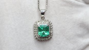NATURAL EMERALD PENDANT SOLID PLATINUM WITH DIAMOND HALO 2.06CTW, 7.7 GRAMS, SIZE 16IN NECKLACE DIAMONDS JEWEL
