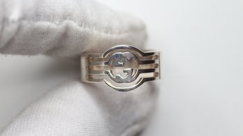 AUTHENTIC GUCCI UNISEX 925 STERLING SILVER RING, SIGNATURE RIBBED G LOGO, ITALIAN CRAFTED