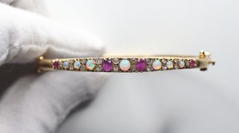 OPAL BRACELET WITH OLD MINE CUT DIAMOND AND RUBY ACCENTS 1.75CTW, 12 GRAM, SET IN 14K YELLOW GOLD VICTORIAN