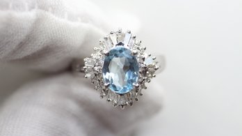 AQUAMARINE & DIAMOND RING SET IN SOLID PLATINUM 1.74CTW, 5.00 GRAMS, SIZE 4.25 GEMSTONE JEWELRY DIAMONDS