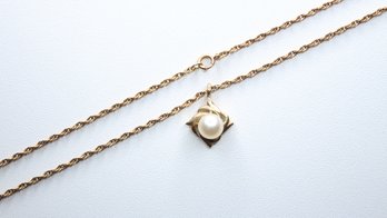 14K GOLD PEARL PENDANT NECKLACE ROPE CHAIN 4.86 GRAMS, 18 INCHES
